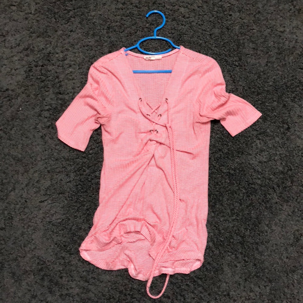 Pink shirt with small pink and white stripes